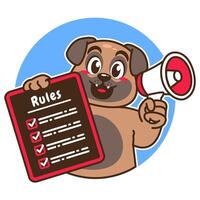 Illustration of Cute Pug Cartoon Character Holding a Checklist or list of rules and a megaphone vector