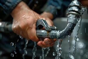 Closeup of a Metal Wrench Being Rinsed Under Running Water photo