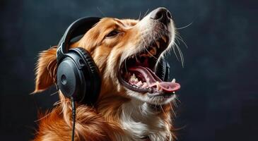 Dog Wearing Headphones In Front of Blurry Lights photo