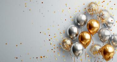 Golden and Silver Balloons With Confetti on a Light Grey Background photo