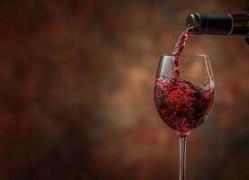 Red Wine Pouring Into Glass Against A Blurred Brown Background photo