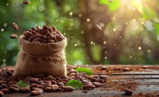 Cocoa Beans In A Burlap Sack On Wooden Table With Green Background photo