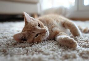 White And Orange Tabby Cat Resting On A Fluffy Rug photo