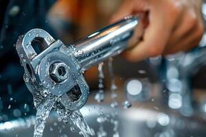 Closeup of a Metal Wrench Being Rinsed Under Running Water photo