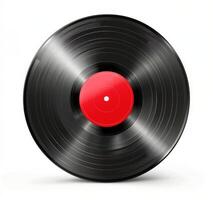 Black Vinyl Record With Red Label On White Background photo