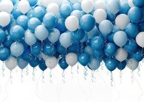 Blue and White Balloons Floating Against a White Background photo