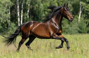 Bay Horse Running Through Green Grass Field on a Sunny Day photo