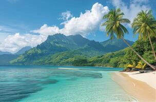 Tranquil Tropical Beach With Palm Tree and Mountain Landscape Under Blue Sky photo