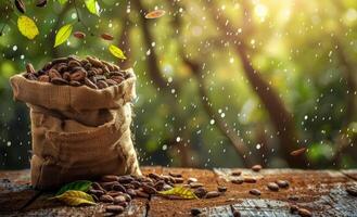 Cocoa Beans In A Burlap Sack On Wooden Table With Green Background photo