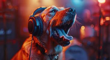 Dog Wearing Headphones In Front of Blurry Lights photo