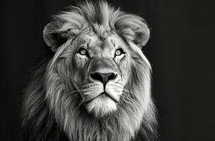 A Majestic Lion Looking Upward in Black and White Photography photo