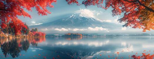 Mount Fuji in Autumn With Red Maple Trees photo