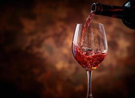 Red Wine Pouring Into Glass Against a Brown Background photo
