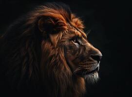 Close Up of a Lion Looking Upward Against a Black Background photo