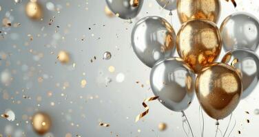 Golden and Silver Balloons With Confetti on a Light Grey Background photo
