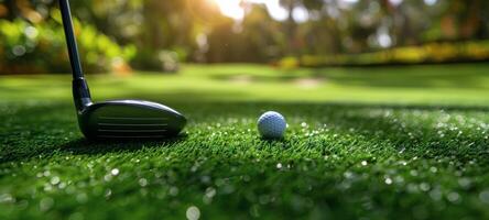 Golf Ball Ready For Tee Time On Green Grass At Sunset photo