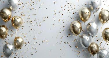 Golden and Silver Balloons With Confetti on a Light Grey Background photo
