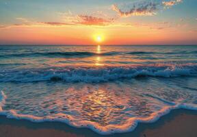 Vibrant Sunrise Over Calm Ocean Waves at Beach photo