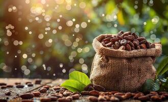 Cocoa Beans In A Burlap Sack On Wooden Table With Green Background photo