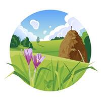 Summer landscape with a haystack on a hill illustration in circle vector