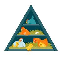 Henhouse in shape of triangle with funny birds illustration cartoon style vector