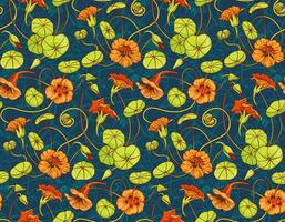 Seamless pattern with red and yellow nasturtium flowers and leaves on dark blue background. Suitable for backgrounds, textile, wrapping paper. vector