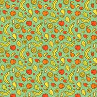 Fruits banana lemon lime apple pear strawberry on turquoise background seamless pattern vector