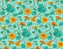Seamless pattern with red and yellow nasturtium flowers and leaves on turquoise background. Suitable for backgrounds, textile, wrapping paper. vector