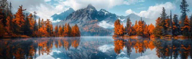 Mountain Lake Reflection With Autumn Colors and Sunbeams photo