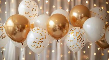 White and Gold Confetti Balloons Against a Bokeh Background photo
