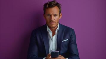 Businessman in Suit Holding Cell Phone photo