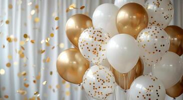 White and Gold Confetti Balloons Against a Bokeh Background photo