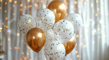 White and Gold Confetti Balloons Against a Bokeh Background photo