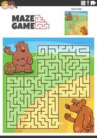 maze game with cartoon bears and barrel of honey vector
