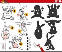 finding shadows activity with cartoon rabbits characters vector