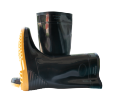 Side view of black gumboots or black rubber boots for working in garden isolated with clipping path in file format png