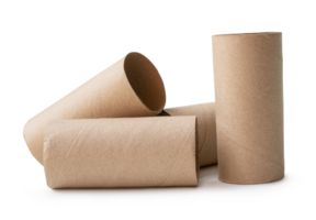 Side view of brown tissue paper cores in stack isolated with clipping path and shadow in file format png