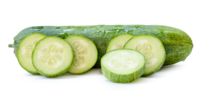 Side view of green cucumber fruit with slices in stack isolated with clipping path and shadow in file format png