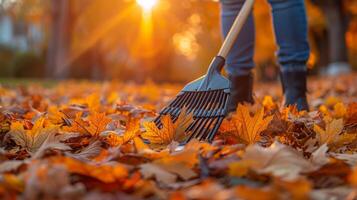 Man Walking Through Leaves With Broom photo