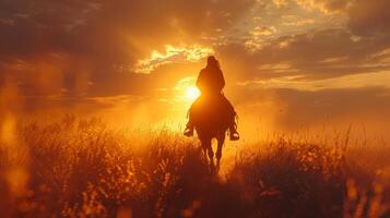 Man Riding Horse in Field at Sunset photo