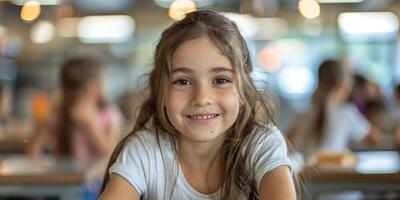Little Girl Sitting at Table With Apples and Hamburgers photo