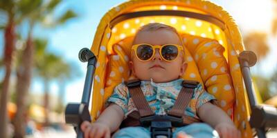 Baby Wearing Sunglasses in Stroller photo