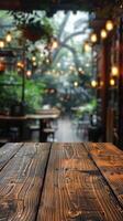 Wooden Table With Potted Plants in Restaurant photo