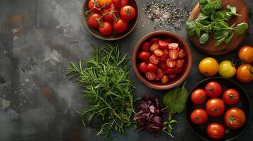 Fresco Tomates, hierbas, y especias Listo para Cocinando en un oscuro encimera foto