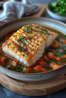 Bowl of Food on Cutting Board photo
