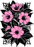 graphic drawing of a bouquet of pink flowers with black leaves without background, isolated element png
