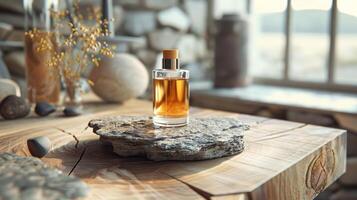 Cologne Bottle on Rock photo