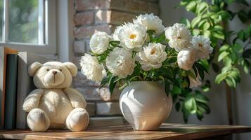 Bear Sitting by Flower Vase photo