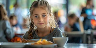 Young Girl Sitting at Table With Plate of Food photo