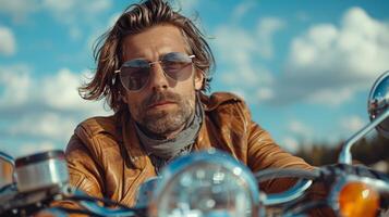 Man Riding Motorcycle With Hat and Goggles photo